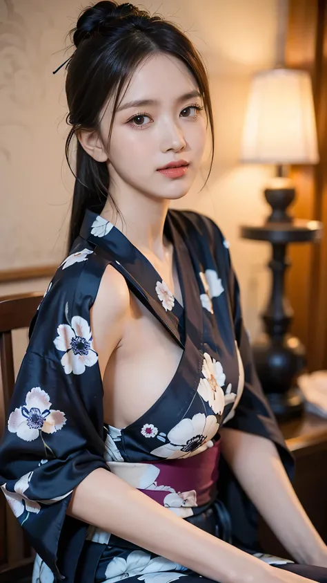 (8k, Raw, Top Quality, Masterpiece: 1.2), (Realistic, Photorealistic: 1.37), Ultra High Resolution, One Girl, Cute, Alone, View Alone, Top Quality, Masterpiece, 8k, droopy eyes, big tits, beautiful breasts, plain background, dark blue yukata, floral yukata...