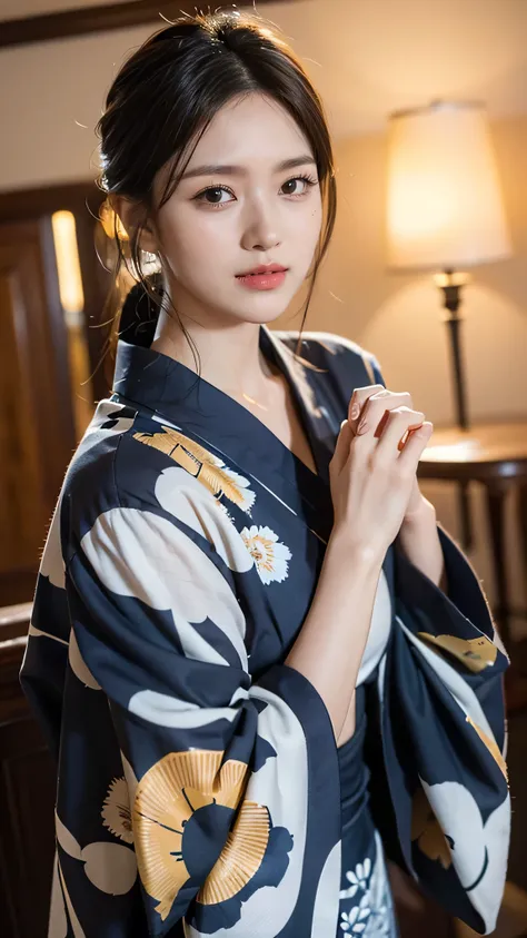 (8k, Raw, Top Quality, Masterpiece: 1.2), (Realistic, Photorealistic: 1.37), Ultra High Resolution, One Girl, Cute, Alone, View Alone, Top Quality, Masterpiece, 8k, droopy eyes, big tits, beautiful breasts, plain background, dark blue yukata, floral yukata...