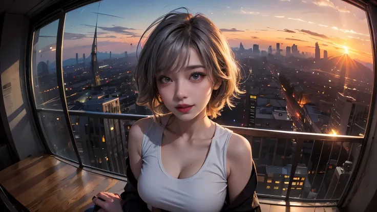 xxmixgirl,One Girl, Fisheye Lens, Selfie, Wind, Messy Hair, sunset, Cityscape, (Aesthetics and atmosphere:1.2), Gray Hair,smile, Film Girl, Short top shirt, Open your chest wide, 