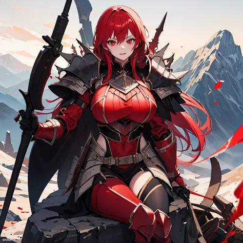 Xaldrath. she is a woman with long red flamin hair, she wears a massive red suit with armor, shes a villian, her skin colour is Tanned, Destroying a mountain