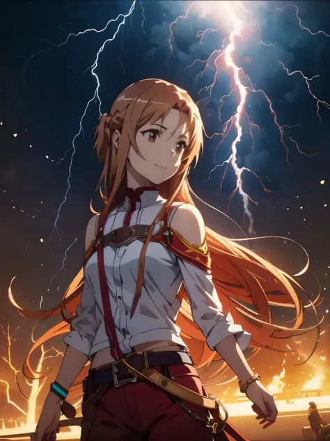 Highest quality,masterpiece,View your viewers,One girl,(colorful:1.3),(masterpiece:1.2), whole body、Highest quality,asuna yuuki,、Closed Mouth、 View your viewers,Beautiful brown hair, smile、A shot of a girl with lightning, 夜空にThunderを放つasuna yuukiのショット、Very...