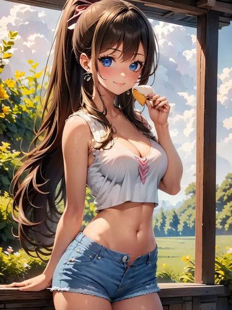 1girl, solo, beautiful girl, brunette skin, blue eyes, detailed anime style, perfect anatomy, narrow waist, medium breasts, long hair, brown hair, high ponytail, blue eyes, detailed eyes, blush, earrings, strapless shirt, pink shirt, denim shorts, cleavage...