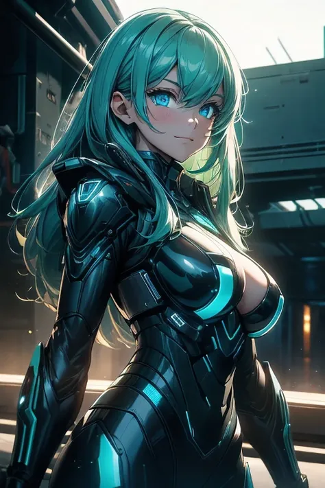 masterpiece , girl ,Big Breasts. Very long emerald hair , ((Sparkling blue eyes)) ,  slope , Perfect figure , ( Techwear:1.2) , cyber punk , Get your gun ready?.future , Modern , in cyber punk city, A light smile , Detailed face ,, , (8k,  最high quality 1....