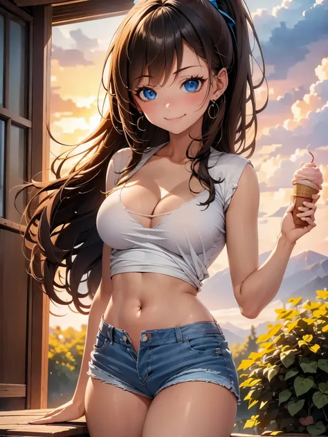 1girl, solo, beautiful girl, brunette skin, blue eyes, detailed anime style, perfect anatomy, perfect hands, narrow waist, medium breasts, long hair, brown hair, high ponytail, asymmetrical bangs, blue eyes, detailed eyes, blush, emerald earrings, straples...