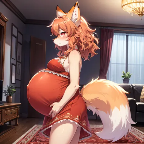 1girl,best quality,best resolution,(fluffy anthro furry :1.6),fox girl, orange hair,medium breasts,pink eyes,glowing eyes, medium hair,wavy hair,messy hair, fox ears, inside, living room, mat, rug, alone,looking at viewer,heavy reath,very hot,full face blu...