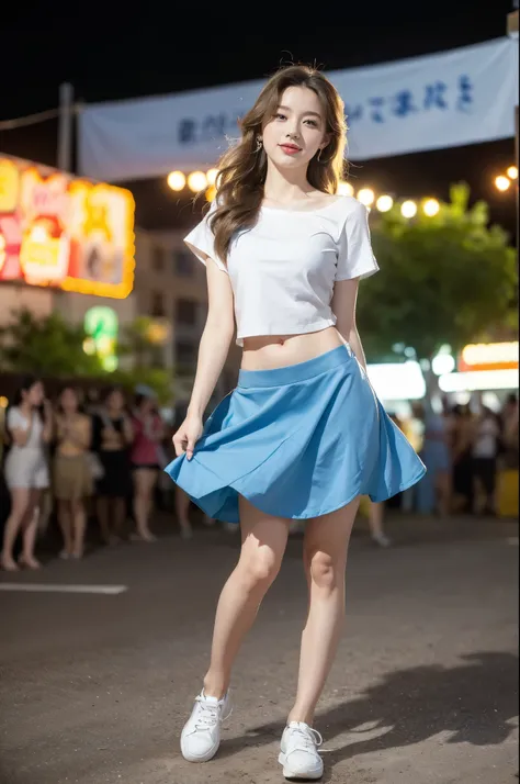 (((best quality))), (((ultra detailed))), (((masterpiece))), illustration,((a beautiful girl,solo)),(shoulder length straight hair:1.2),((slim,thin)),((small breasts,flat chest,claviclis,navel)),(blue short-sleeved white shirt:1.5),(blue mini-skirt:1.3),(s...