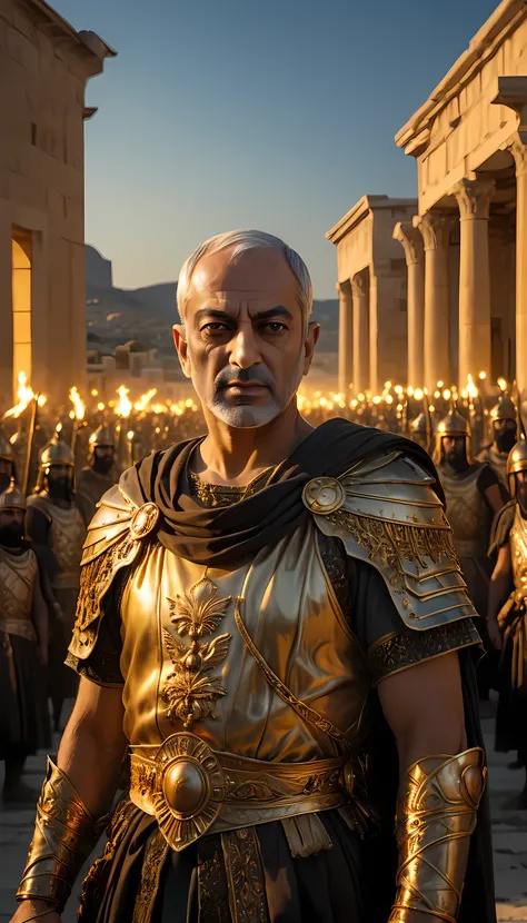 when the sun began to set, The warm golden hues of the sun illuminated her ornate attire., casting a warm glow across the area, ground level shooting, Selfie of King Xerxes with his army after the defeat of Greece, darkness background, hyperrealisti, ultra...