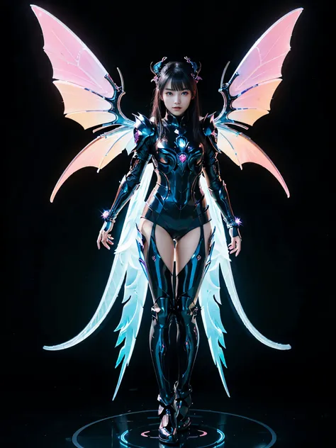 1girl, Armor, Wings, beautiful dragon, futuristic evolved Nekomata, (Neon glowing body), 2 tails, holographic, (The wings are symmetrically paired;1.5), Tricolor color Armor

