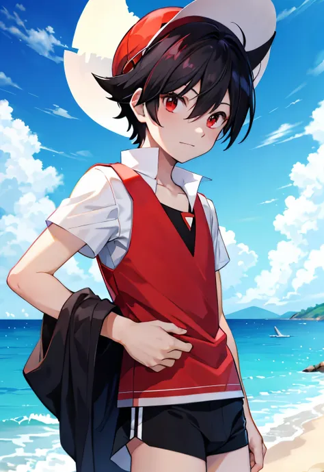 black hair，red eyes，short hair，seaside background，red swimming trunks，blue shirt，sun hat，handsome man，crimson（pokemon）