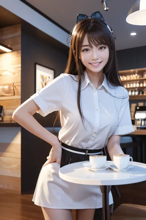 The best quality, the best image quality, high-definition drawing, overwhelming reality, 3D rendering graphics, 8K UHD. VR/XR spatial digital art. A beautiful Japanese girl with overwhelming reality runs a virtual coffee shop. She pours freshly brewed coff...