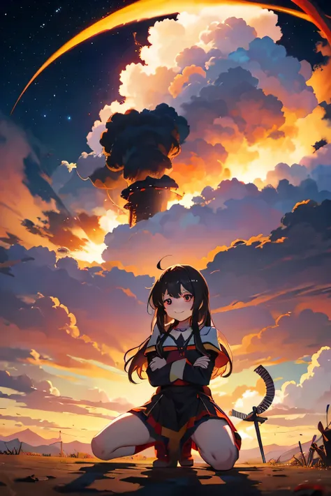 Megumin, behind a cloud, nuclear explosion, smiling, looking to the camera, kneeling, pressing crotch, happy, arms outstretched, cane in both hands, backwards, crossed legs, several heads