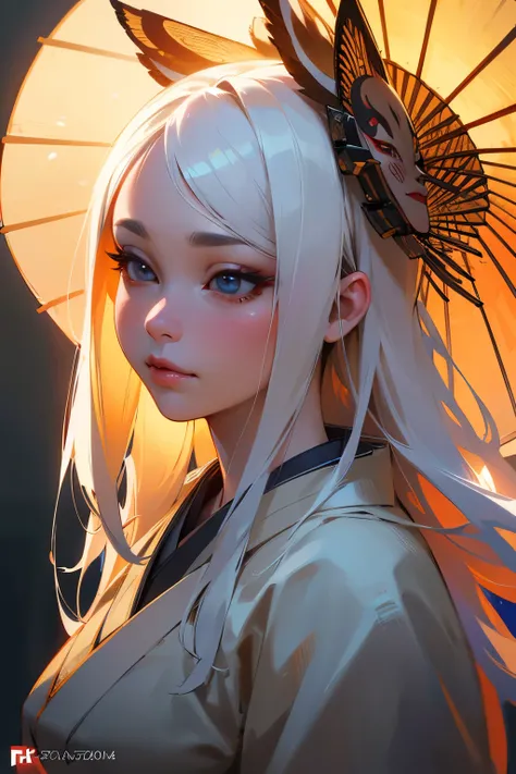 detailed realistic 9-tailed fox girl, long white hair, wearing traditional japanese kimono, wearing intricate mask, hyper detailed, 8k, highly detailed, cinematic lighting, photorealistic, extremely detailed face, beautiful detailed eyes, beautiful detaile...