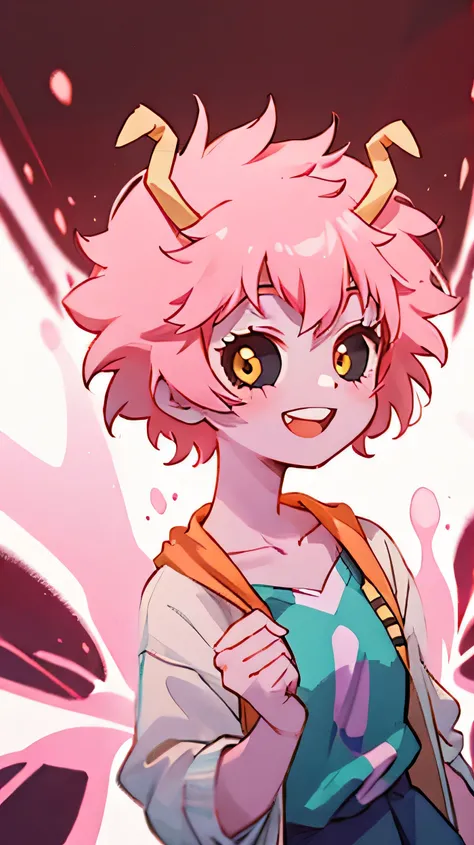 Ashido Mina, general, One girl, acid, chest, clavicle, Skin of color, horn, View your viewers, Pink Hair, Pink Skin, Glowing Skin, short hair, smile, alone, teeth