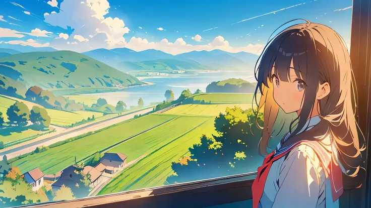 "A countryside school scene under a clear summer sky with a girl in a summer uniform on the rooftop gazing at the horizon. The background features expansive fields and mountains, with lush greenery in the schoolyard and a distant river. Gentle sunlight and...