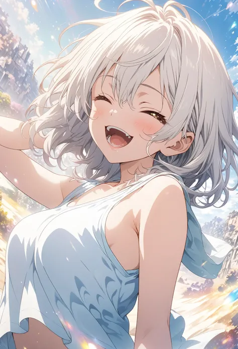 masterpiece, Highest quality, Highly detailed CG Unity 8k wallpaper, High School Girl Anime Illustration. Wear an oversized tank top、dynamic poseのポーズをしている、she has her eyes closed and mouth open, smile. The background is a light pastel colored landscape., W...