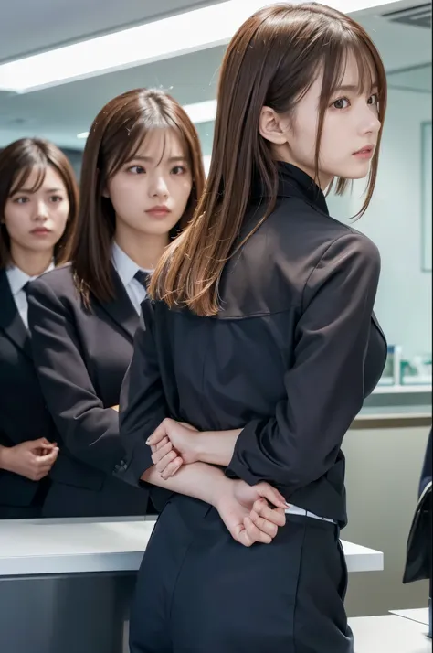 five female bank employees are taken hostage after being attacked by robbers、all of them have their hands tied behind their back...