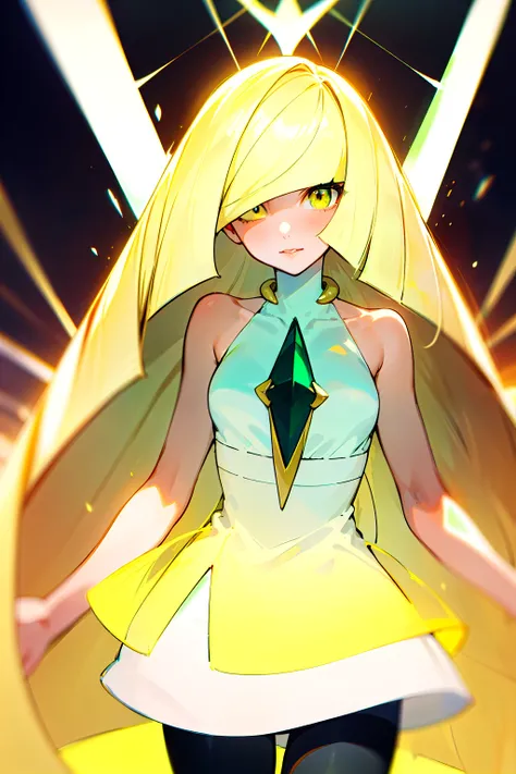 masterpiece,best quality,1girl,mature female,lusamine,blonde hair,yellow eyes,very long hair,(hair over one eye:1.3),dress,sleeveless,sleeveless dress,bare shoulders,white dress,gem,bare arms,short dress,diamond (shape),green gemstone,leggings,glowing eyes...