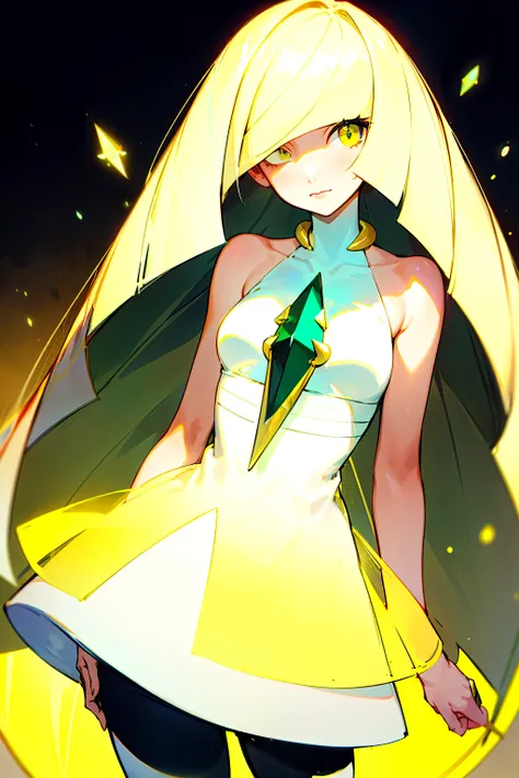 masterpiece,best quality,1girl,mature female,lusamine,blonde hair,yellow eyes,very long hair,(hair over one eye:1.3),dress,sleeveless,sleeveless dress,bare shoulders,white dress,gem,bare arms,short dress,diamond (shape),green gemstone,leggings,glowing eyes...