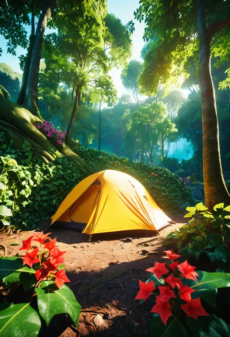 outdoor camping scene in deep forest, jungle explorer, detailed landscape, dramatic trees and flowers, sun light penetrating thr...