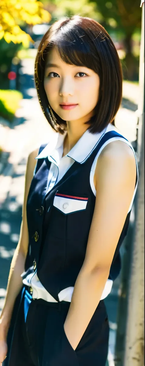 ((top-quality, 8K, masterpiece:1.3)), sharp focus:1.2, Beautiful Women in Perfect Style:1.4, Slender Abs:1.2, full body, wearing sleeveless shirts wide pants, ((dark brown short hair:1.2)), (natural soft light, City Street:1.1), Highly detailed facial and...