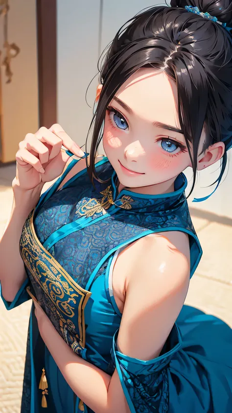 Highest quality、Realistic、girl、zoom、cute、Grey Eyes、Hair Bun、Chestnut Hair、Back to all、the forehead is protruding、Blue Chinese Dress、Looking down、Big smile、Bust Shot、thin、Small breasts