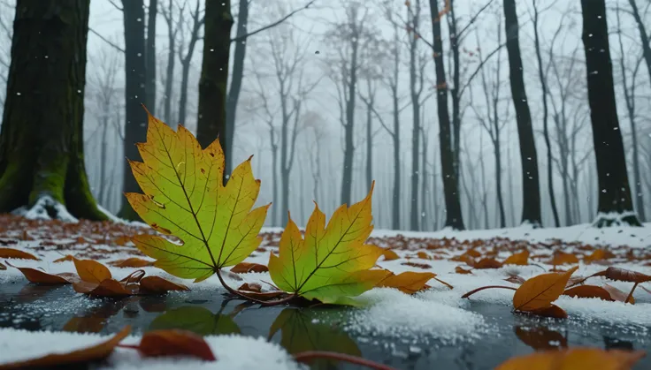 (light green leaves),(winter leaves), (half withered),(late night),magical round leaves leaves falling, snow is falling thinly,nature documentry footage, youtube video screenshot, todays featured photography 4k, autumn rain turkel, nature photography 4k, n...