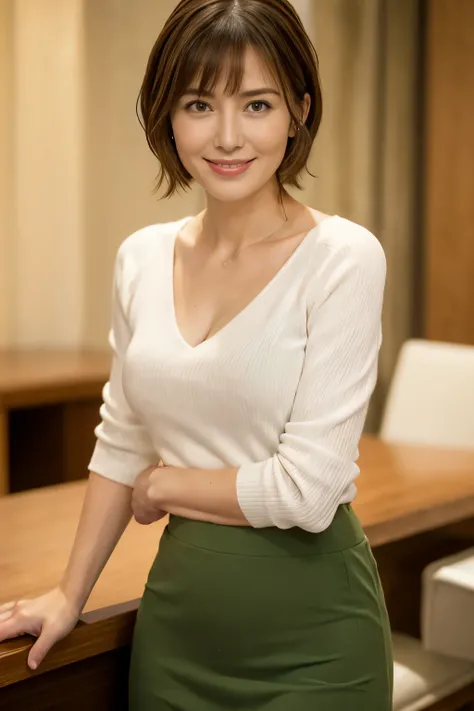 Realistic, Tabletop, Highest quality, RAW Photos, Face Focus, elegant, (One Woman), 28 years old, (A loose white V-neck knit), (Deep green tight skirt), (Brown Hair), (bangs), (Straight hair), (short hair), (Look up at the camera), Beautiful Face, (Fearles...