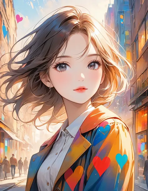 Joseph Mallord William Turner colorful style, Simple Line Initialism，Abstract art，Urban Background, (((The most beautiful girl of all time))), black eyes, Sweet face. Lips in love, walking, colorful hearts, stylish design