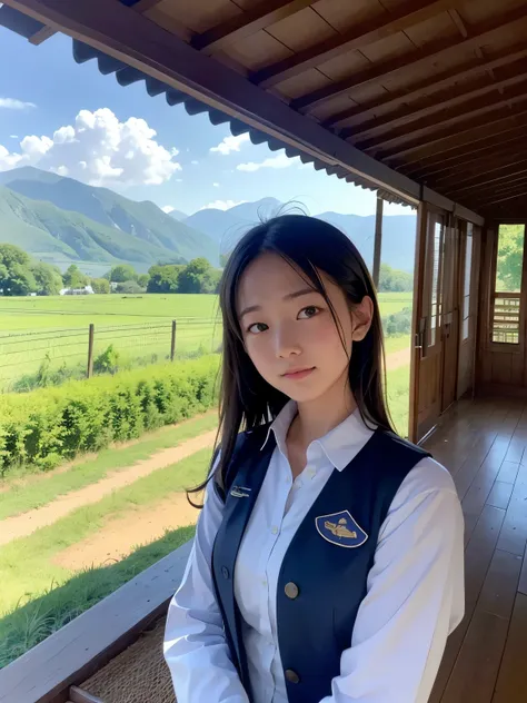 "A countryside school scene under a clear summer sky with a girl in a summer uniform on the rooftop gazing at the horizon. The background features expansive fields and mountains, with lush greenery in the schoolyard and a distant river. Gentle sunlight and...