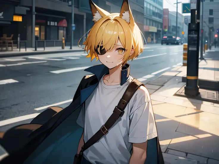 boy, gradient_eyes, one yellow eyes, upturned eyes, eyepatch, slit pupils, short hair, yellow hair, side swept bangs,a blue meshes, wearing a dark coat, a white tee shirt, a blue jean, fox ears, fox tail, sad, sad smile, tears are rolling on is cheeks, cry...