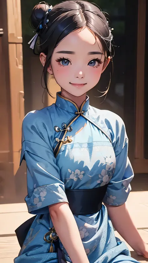 Highest quality、Realistic、girl、zoom、cute、Grey Eyes、Hair Bun、Chestnut Hair、Back to all、the forehead is protruding、Blue Chinese Dress、Looking down、Big smile、Bust Shot、thin、Small breasts