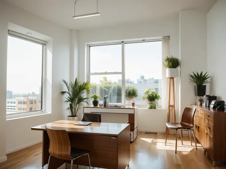 a professional office interior, large windows, modern furniture, minimalist design, high-end lighting, clean lines, wooden desk, leather chair, office supplies, laptop, potted plants, sunlight streaming in, clean and organized, elegant and sophisticated