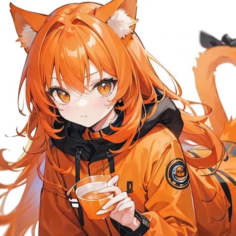 orange hair, long hair, Cute face, orange cat ears, orange cat tail, i cup, orange coat 