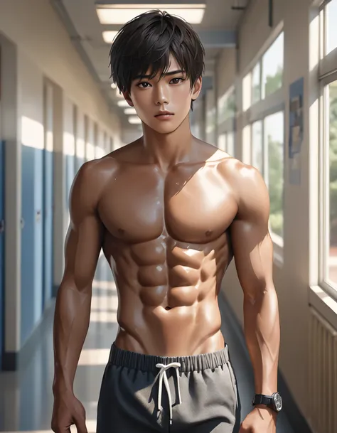 high quality, detailed, photo Realistic,(17 years old tanned japanese school boy), (detailed black eyes), (black short hair),(abs),(tanned dark brown shiny skin:1.4),school unifor, school corridor, summer afternoon,(best quality,4k,8k,highres,masterpiece:1...