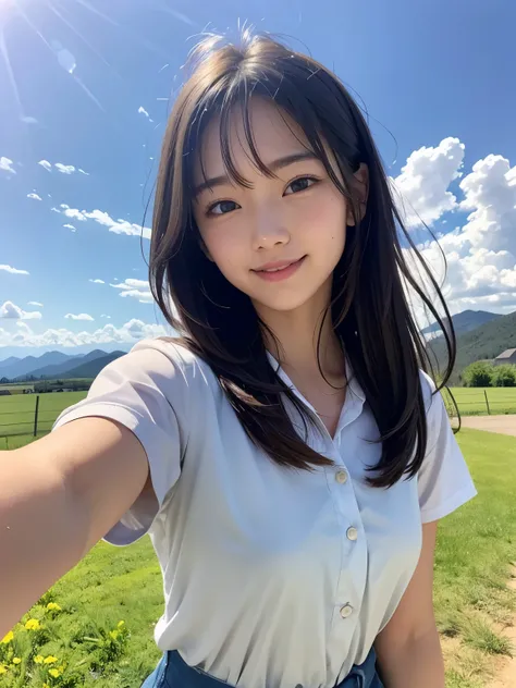 A scene from a rural school. A female student in summer  is looking up at the sky on the roof of the school under a clear blue sky. She is smiling; in the background are expansive fields and mountains. The schoolyard is covered with grass and trees, and a ...