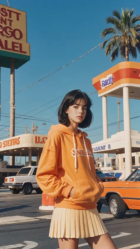 (medium shot portrait) one of cute 23 yo girl ,wear ((orange color oversized_hoodie)), wear ((purple tennis skirt)),looking front,Best Quality,Masterpiece,Ultra High Resolution,(Realisticity:1.4),Original Photo, 1Girl, light leak,ultra high resolution,UHD,...