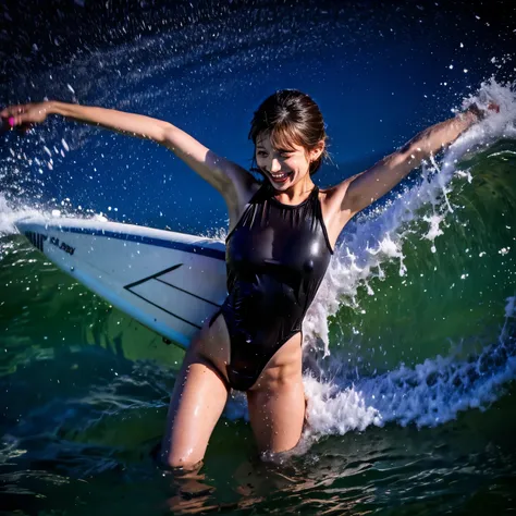 (ZoomedOut:1.28, Wide-shot) ZoomLayer (Epic photo of surfer magazine:1.37). (Full of Water, Everything Wetted:1.4) WetHair (extremely detailed Cute Girl in RED)(SparklingHighlights:1.28), Dynamic Joyful Expressions LifeLike Rendering (ManoErina:1.0) . Over...