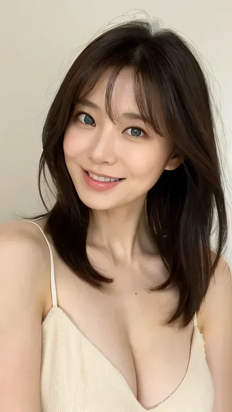 （（Highest quality， 8k， Tabletop：1.3））、Beautiful mature woman、Japanese（40 years old）、Mature Woman（（lingerie））. Random color tank top：1.2（Leaning forward））.（Huge breasts）.（smile：1.15）、Highly detailed face and skin texture、White groundless background、Hands do...