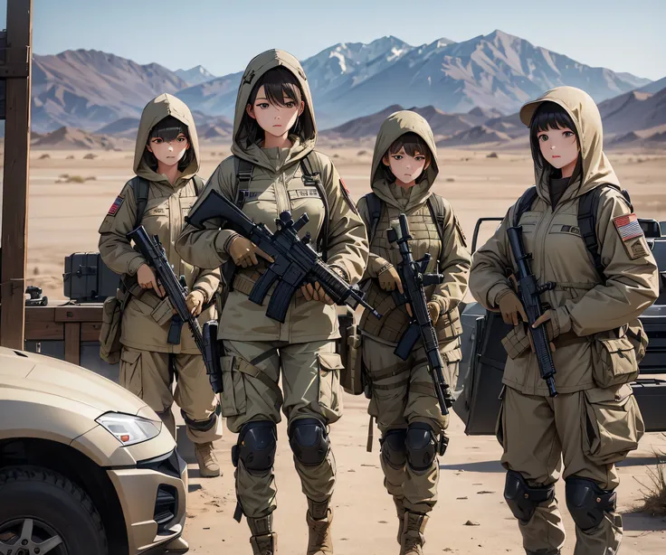 A group of female soldiers with guns at a military base，All wear beige M-51 hooded military uniforms、Hooded on head、Individual equipment set、Military Pants、Knee pads，Write details、masterpiece、best quality、Highly detailed CG、8K picture quality。