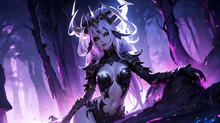 Beautiful Alluring female drow knight, she wears an ornate horned crown, Mythological theme, fantasy theme, purple skin, blond long white hair, Red eyes, cup size, Very , Inside a magical dark bioluminescent mushroom forest., Barely dressed, gothic armor b...