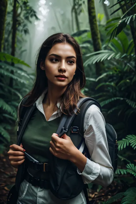 a woman with a backpack walking through a lush, dense rainforest, beautiful detailed eyes, beautiful detailed lips, extremely detailed face and eyes, long eyelashes, adventurous expression, detailed clothing, realistic lighting, volumetric fog, dramatic mo...