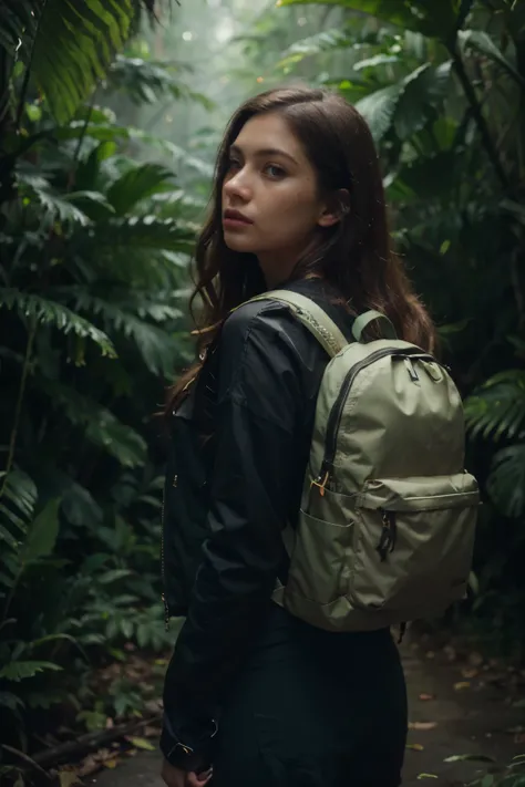 a woman with a backpack walking through a lush, dense rainforest, beautiful detailed eyes, beautiful detailed lips, extremely detailed face and eyes, long eyelashes, adventurous expression, detailed clothing, realistic lighting, volumetric fog, dramatic mo...