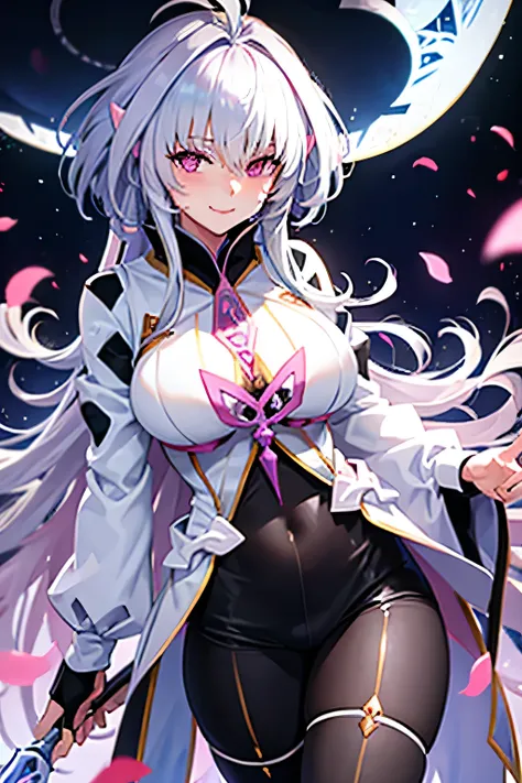 fate merlin, big breasts, pink streaks in her hair, black dress, long hair