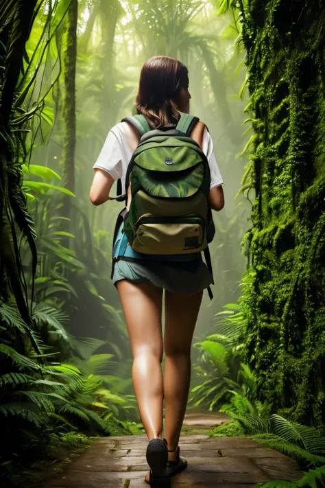 realistic woman with backpack walking through lush rainforest, beautiful detailed eyes, beautiful detailed lips, extremely detailed face, intricate vines and foliage, dramatic lighting, moody atmosphere, photorealistic, 8k, masterpiece