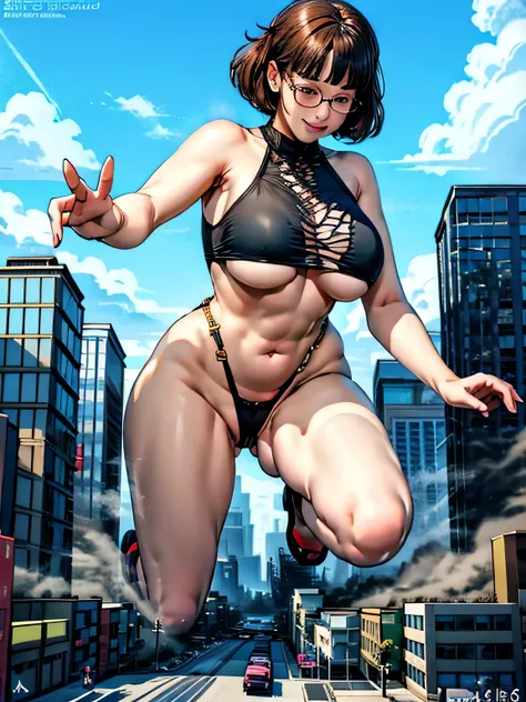 giantess art, highly detailed giantess shot, giantess, most detailed, perfect face, two legs, five fingers, short hair, beautiful girl bigger than a skyscraper, wearing rimless glasses, smiling, huge breasts, swimsuit, bikini underboob, navel, stiletto hee...