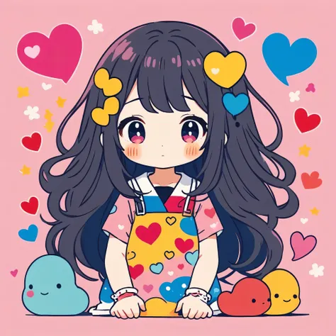 Momoko Sakura colorful style, Simple Line Initialism，Abstract art，Kawaii Design, The most beautiful girl of all time、chibi, (((Cute pillbugs))), colorful hearts, summer version, Hug