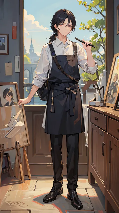 (Highest quality)), ((masterpiece)), (detailed),Background is an art gallery、I have a brush in my hand、painter、A man around 35 years old、A man with waist-length black hair tied back、Wearing a white shirt、Wearing a brown apron,Eye color is a calm blue、Where...