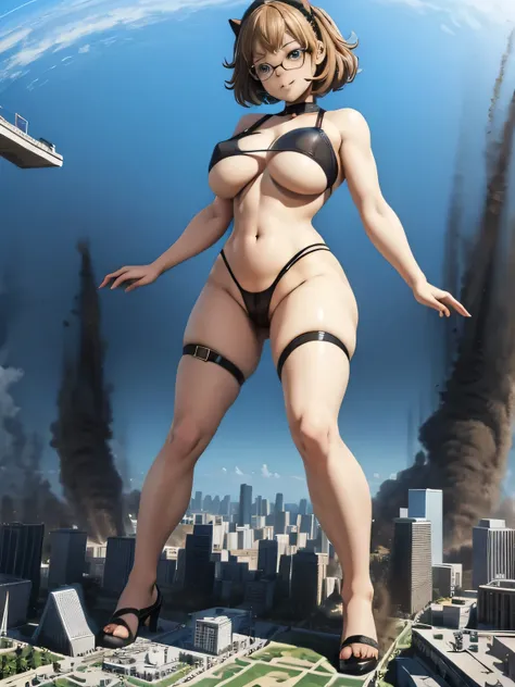 multiple girls, giantess art, highly detailed giantess shot, giantess, most detailed, perfect face, two legs, five fingers, short hair, beautiful girl bigger than a skyscraper, wearing rimless glasses, smiling, huge breasts, swimsuit, bikini underboob, nav...