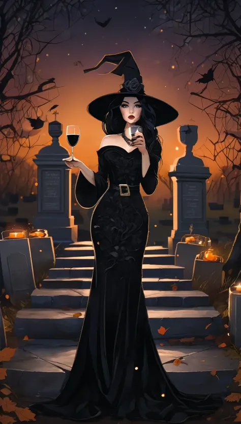 Woman with black hair, in a full black dress, with square details and hat, holding a glass of wine, in a cemetery at night next to a candle, witch style