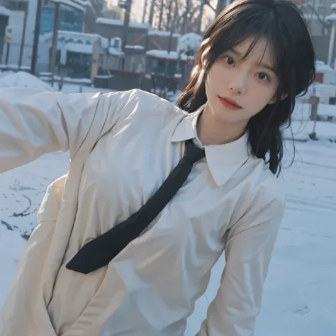 Best quality，masterpiece，Double tail，Ultra-high resolution，snow，16K,Snow background，（Photo Realism：1.4),1 Girl，JK，sexly，（shirt and tie：1.2),（Big breasts：2.3),（Upper body：1.4)